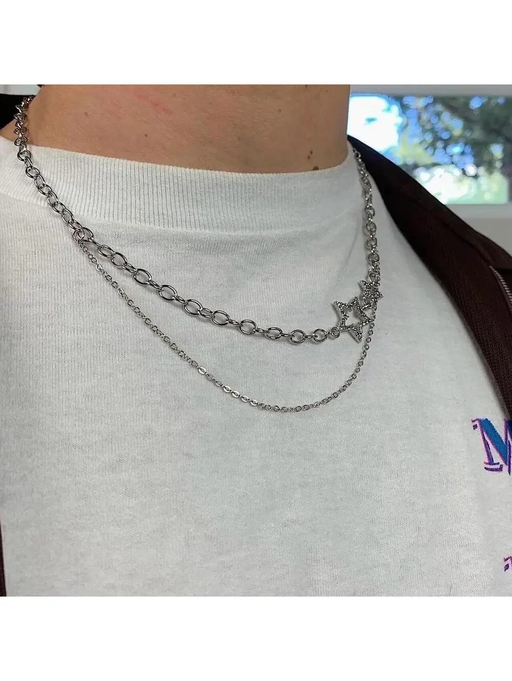 Y2k 2000s cyber rhinestone double star pendant layered chain necklace. Cool